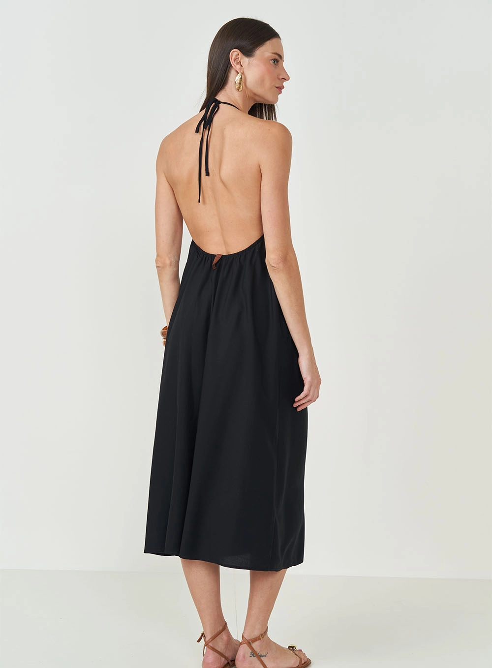 Vestido Midi Halter Frente Única Preto