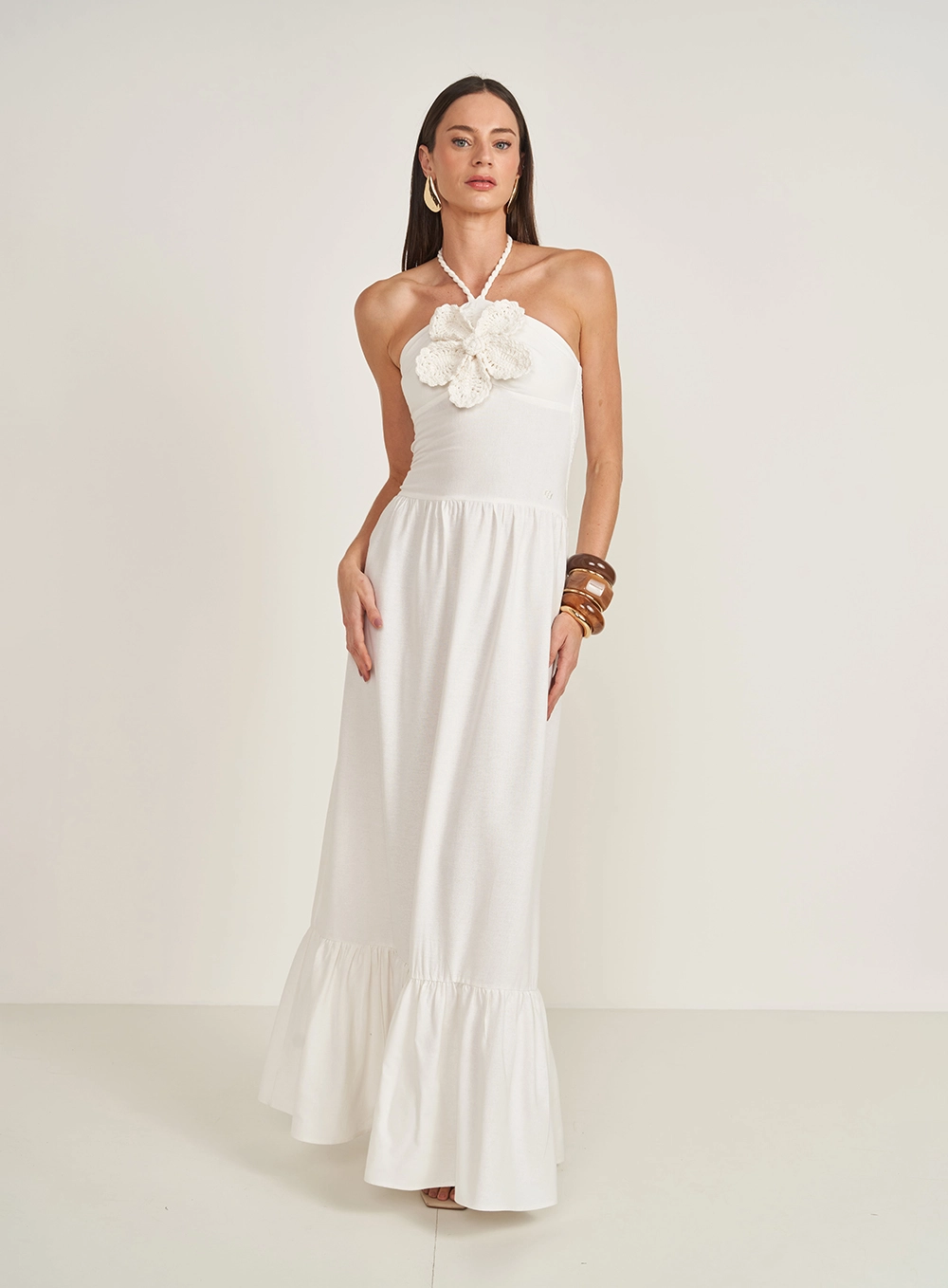 Vestido Longo Com Aplicação Floral Off Shell