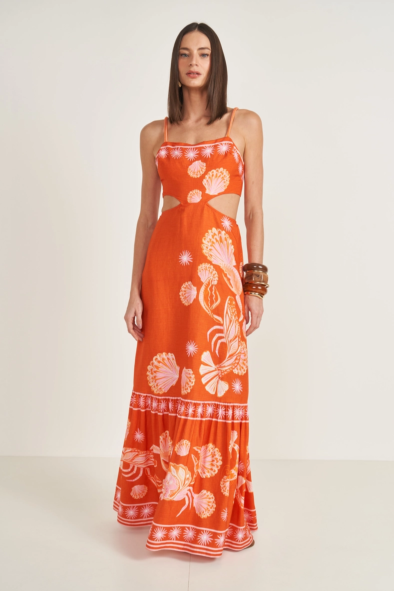 Vestido Longo Estampado Com Recortes Acinturados