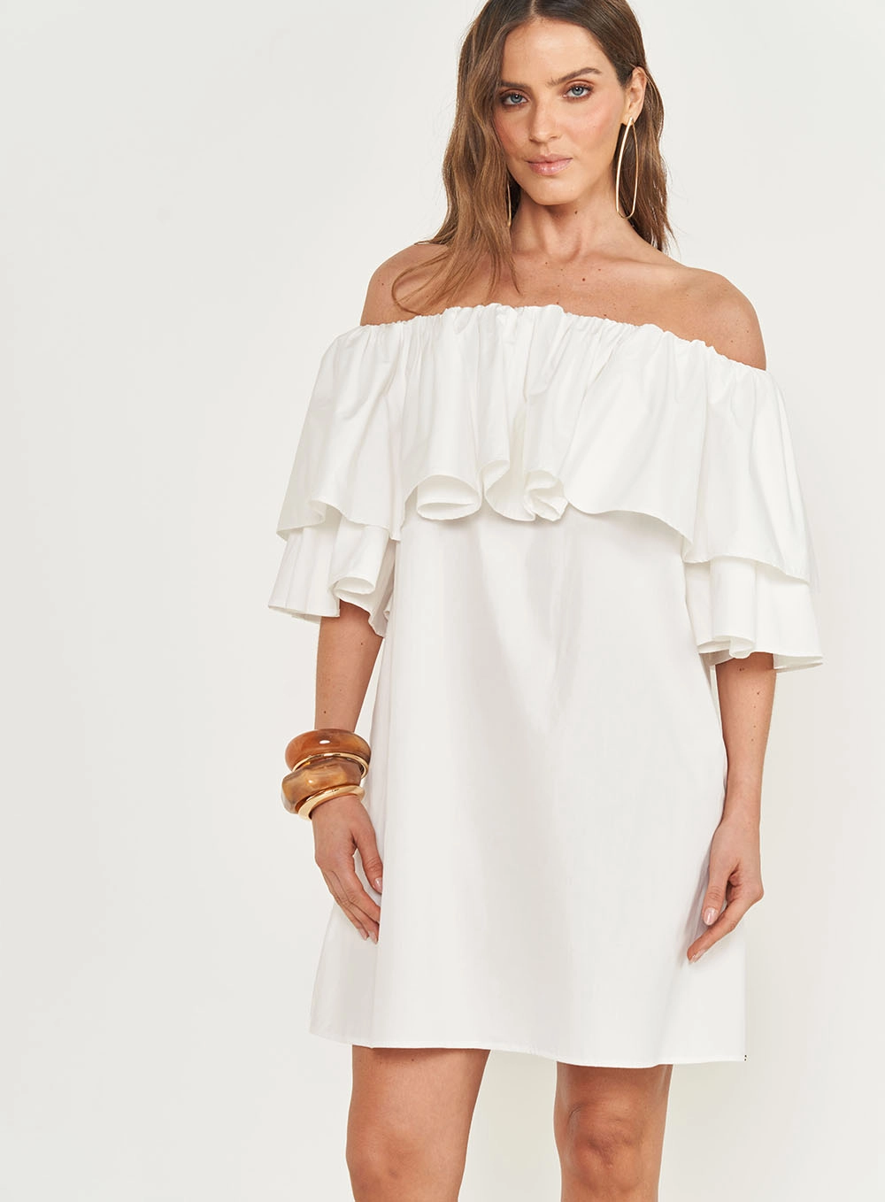 Vestido Ombro A Ombro Com Babados Off Shell