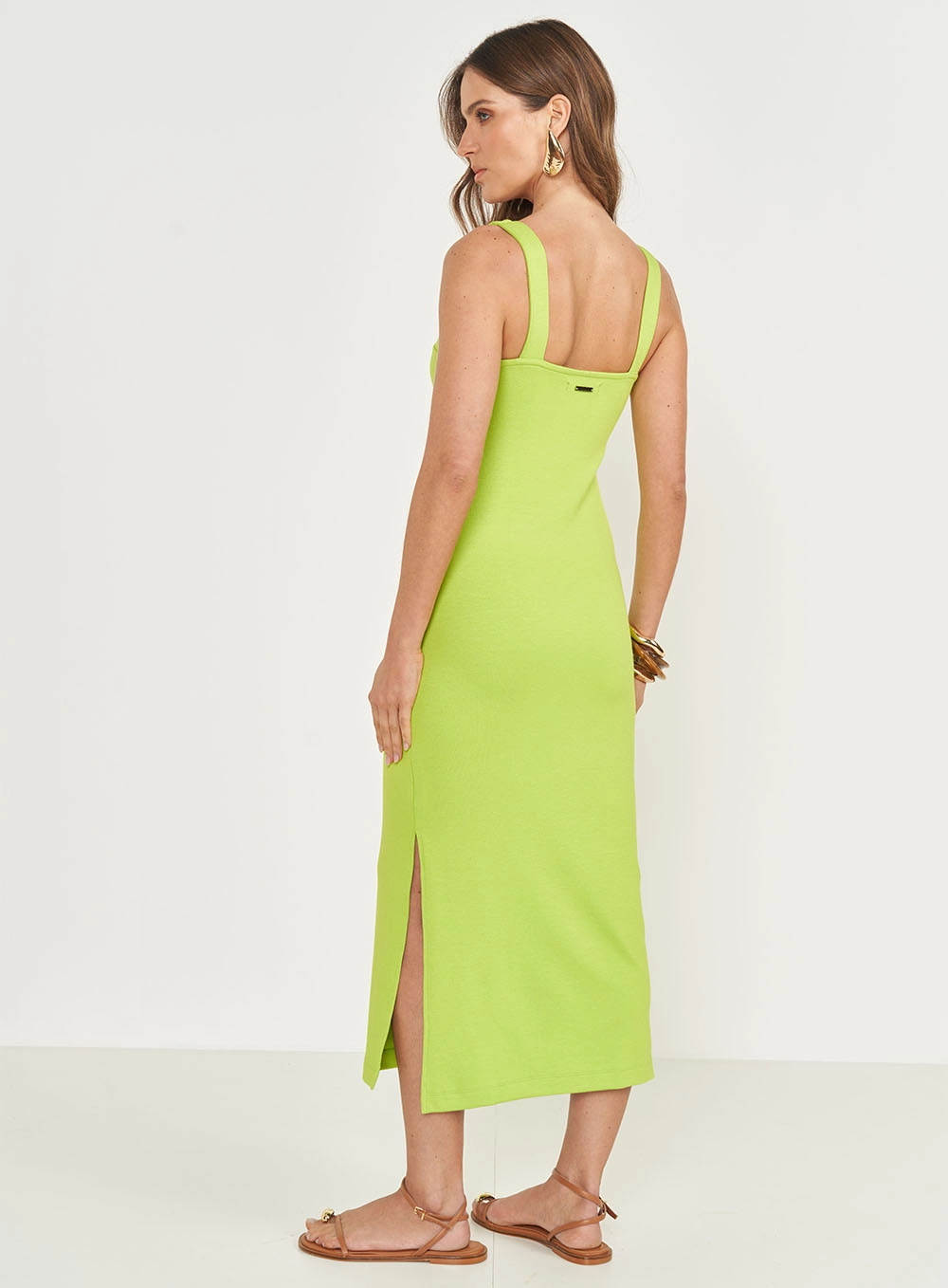 Vestido Midi Justo Com Fenda Lateral Verde