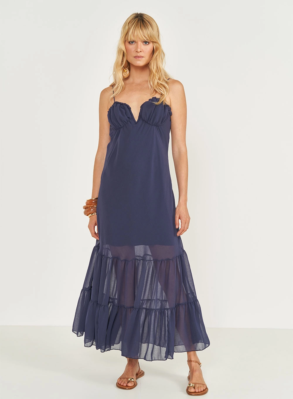 Vestido Longo Comfort Com Babados Azul