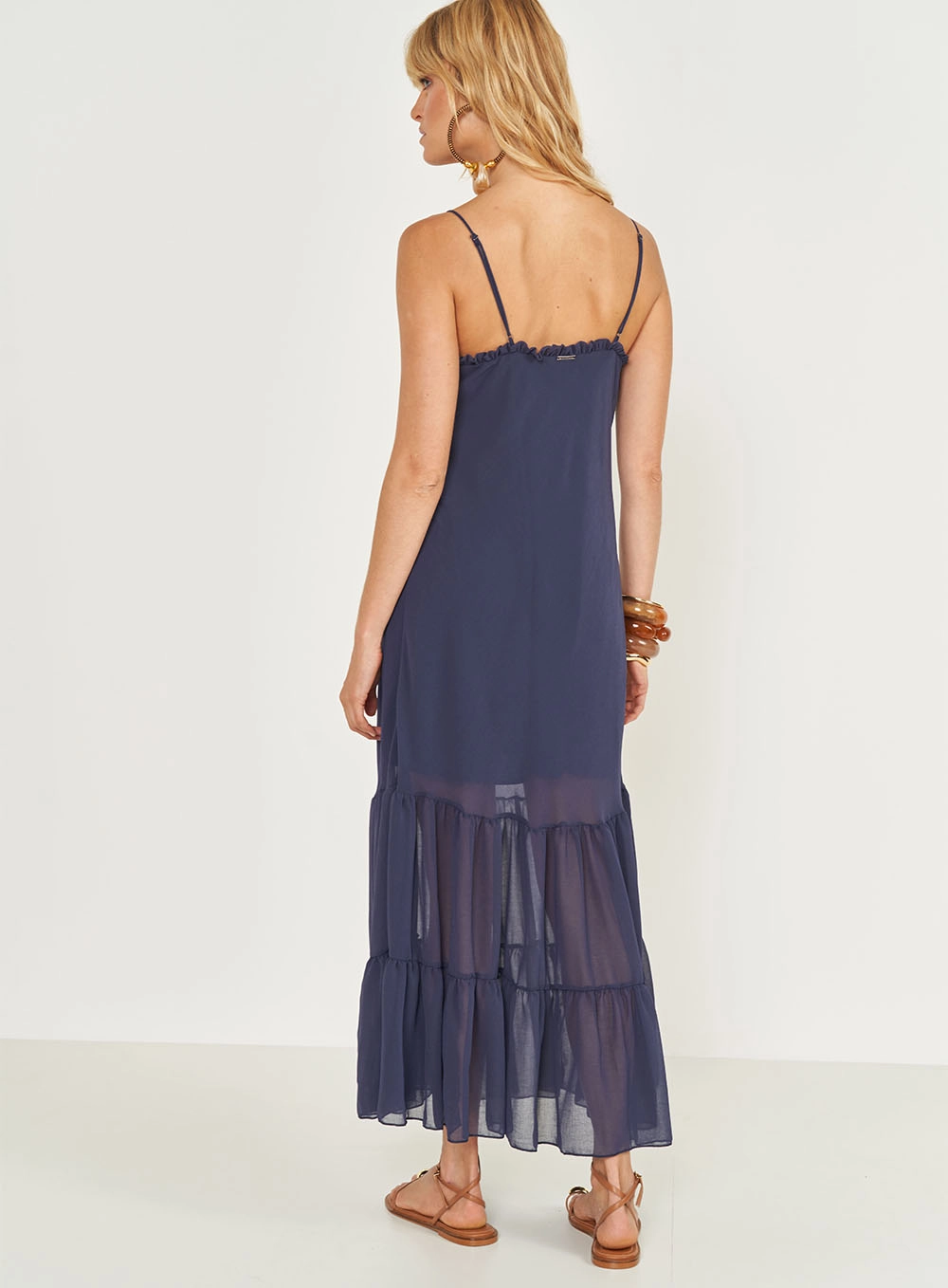 Vestido Longo Comfort Com Babados Azul
