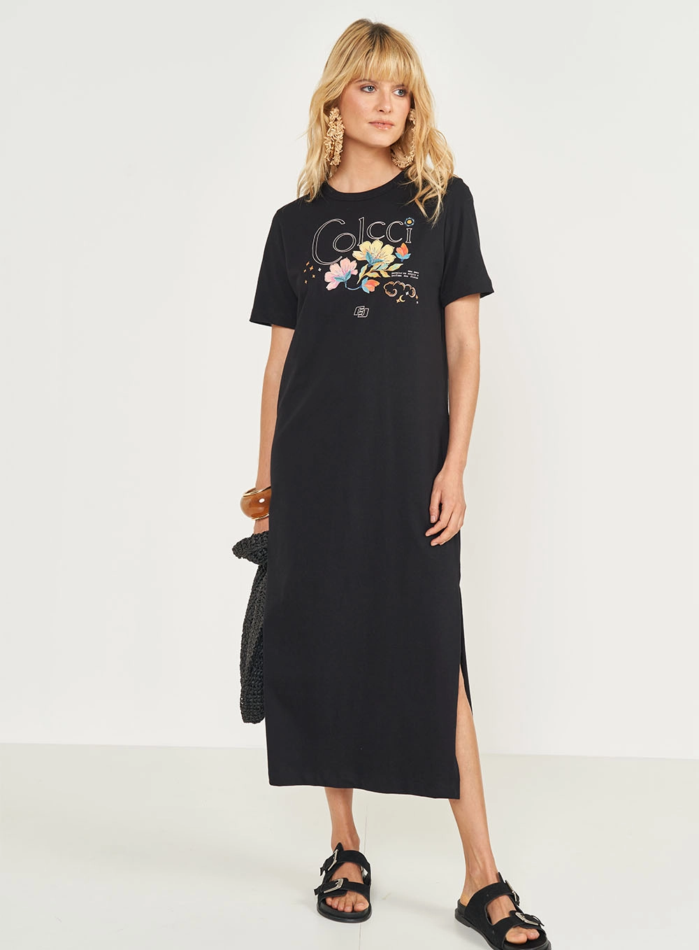 Vestido T-shirt Midi Com Estampa E Fenda Lateral Preto