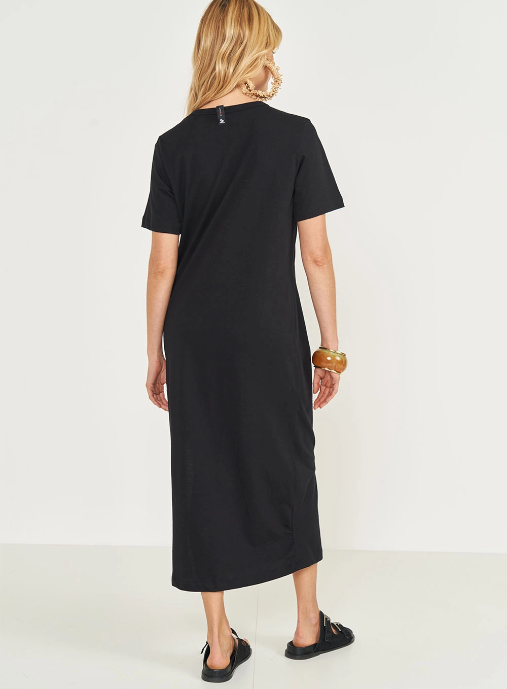 Vestido T-shirt Midi Com Estampa E Fenda Lateral Preto