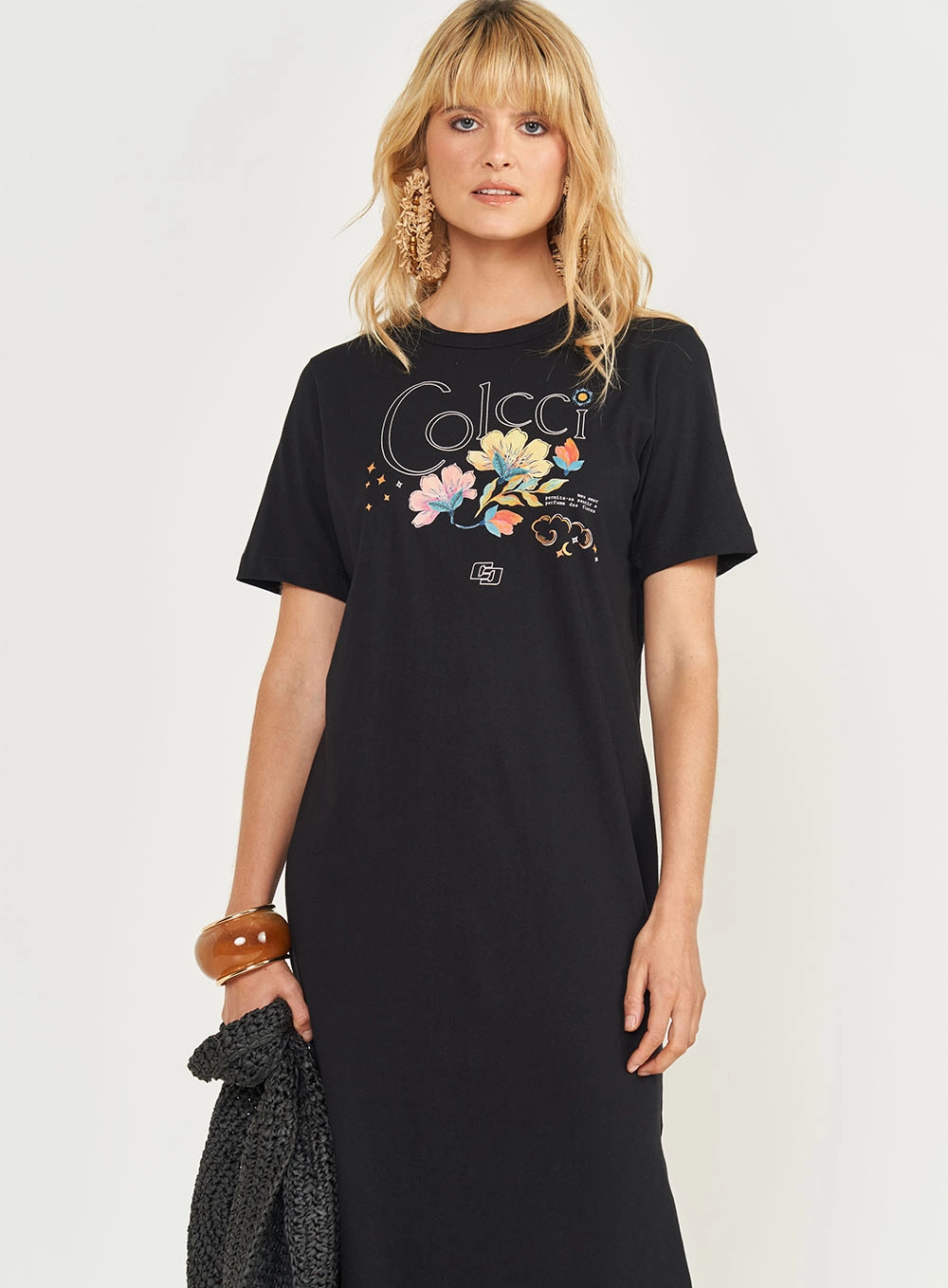 Vestido T-shirt Midi Com Estampa E Fenda Lateral Preto