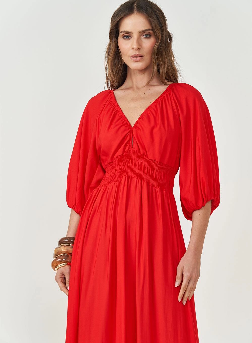 Vestido Amplo Com Mangas Bufantes Vermelho