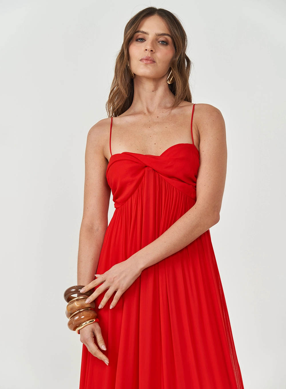 Vestido Comfort Longo Com Babados Vermelho