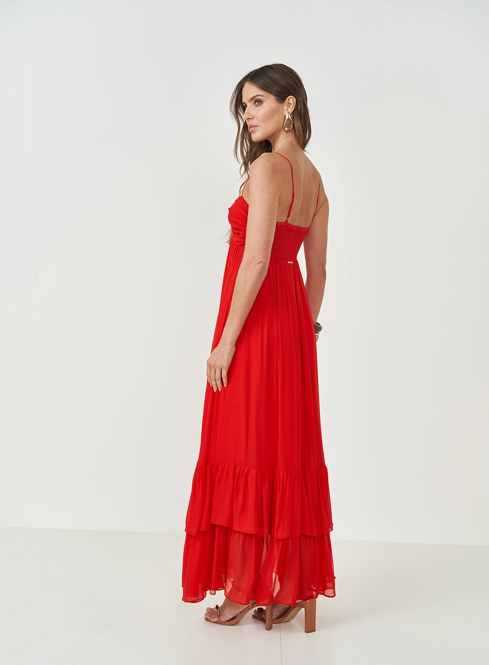 Vestido Comfort Longo Com Babados Vermelho