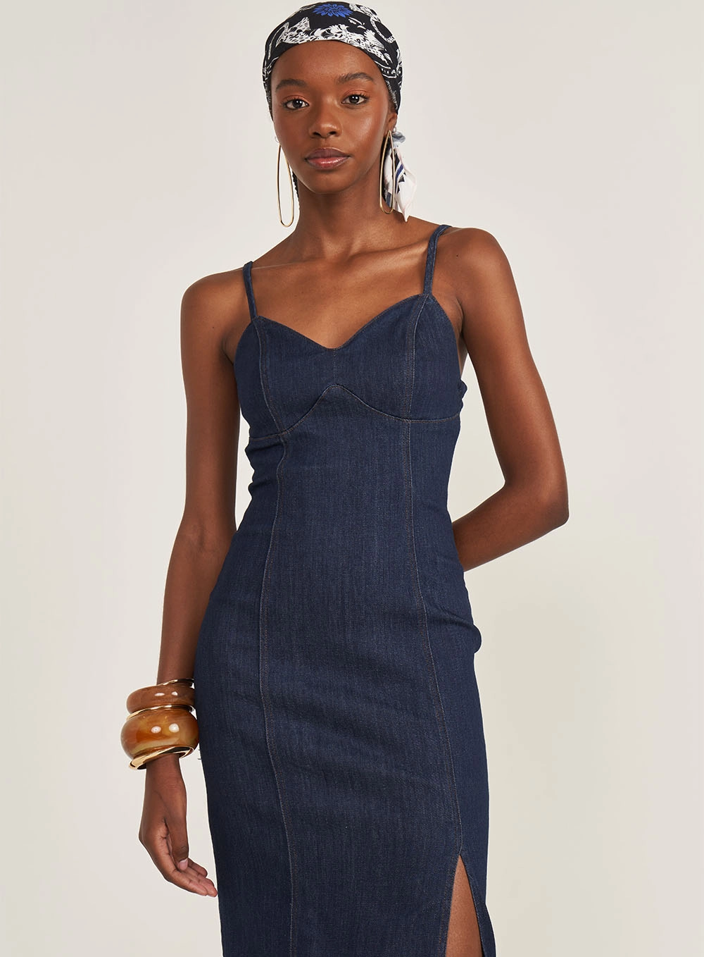 Vestido Jeans Midi Com Fenda Lateral Índigo