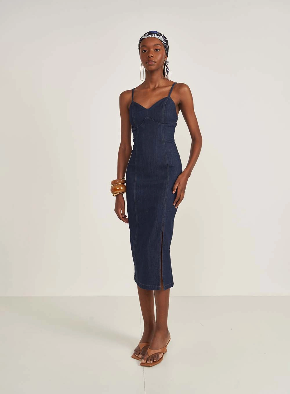 Vestido Jeans Midi Com Fenda Lateral Índigo