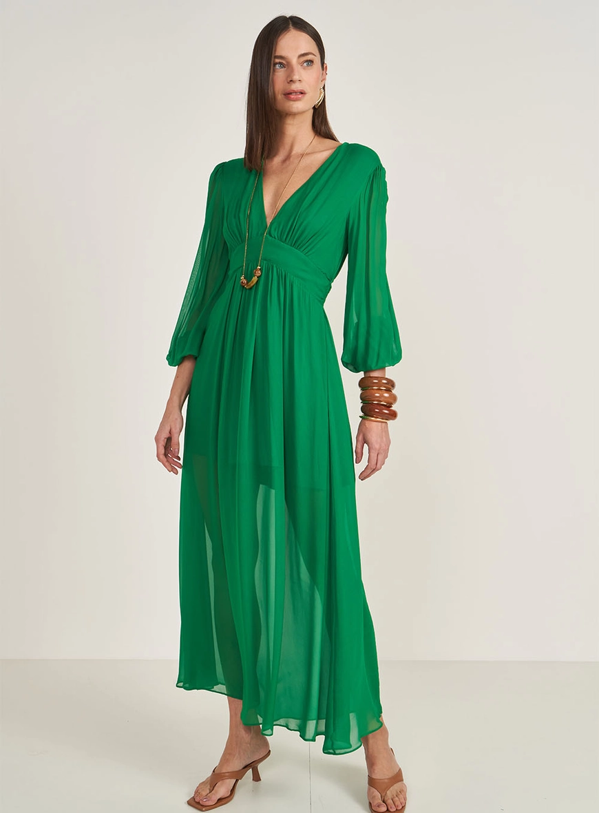 Vestido Longo Amplo Com Mangas Bufantes