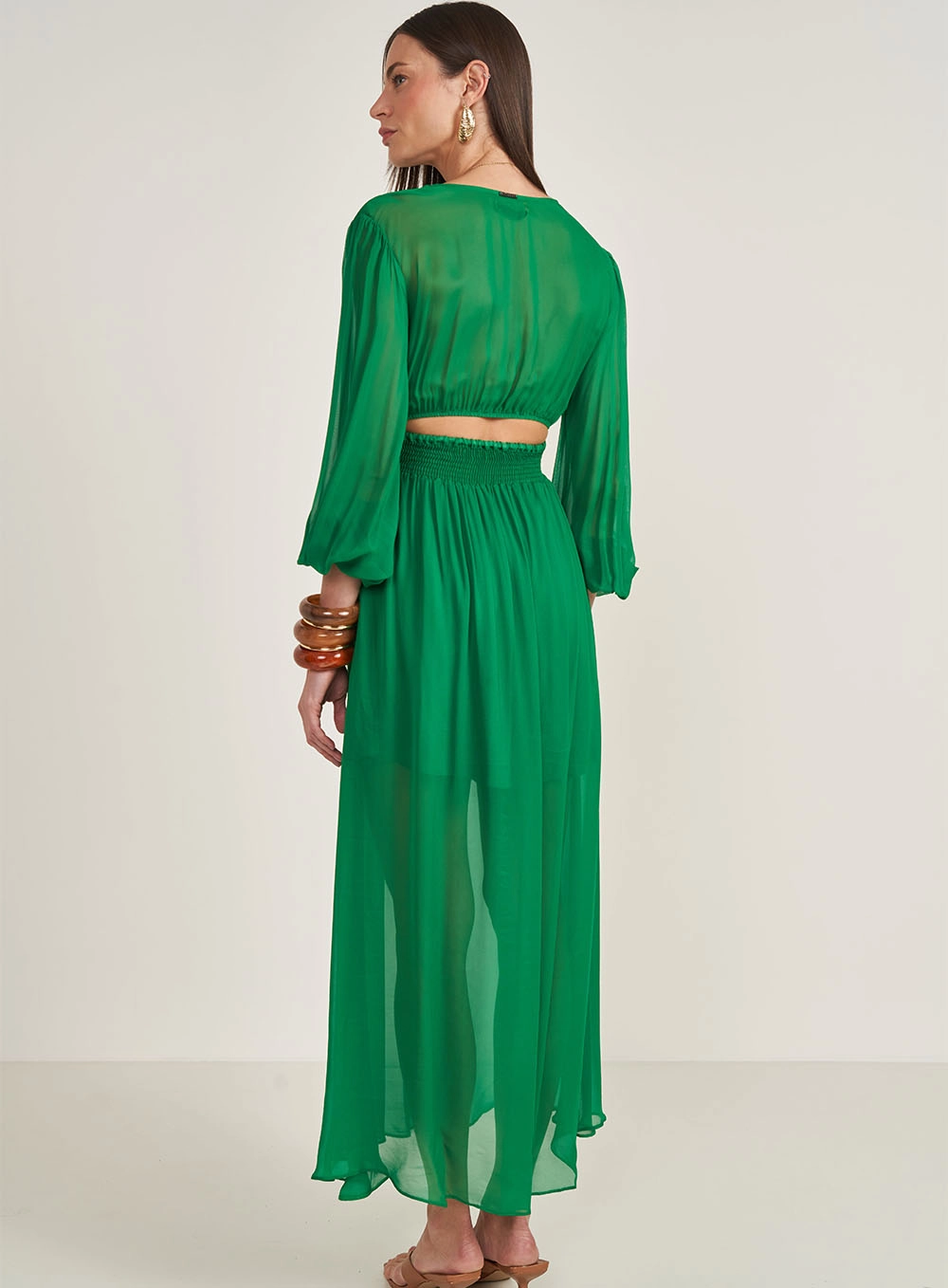 Vestido Longo Amplo Com Mangas Bufantes Verde Vanity