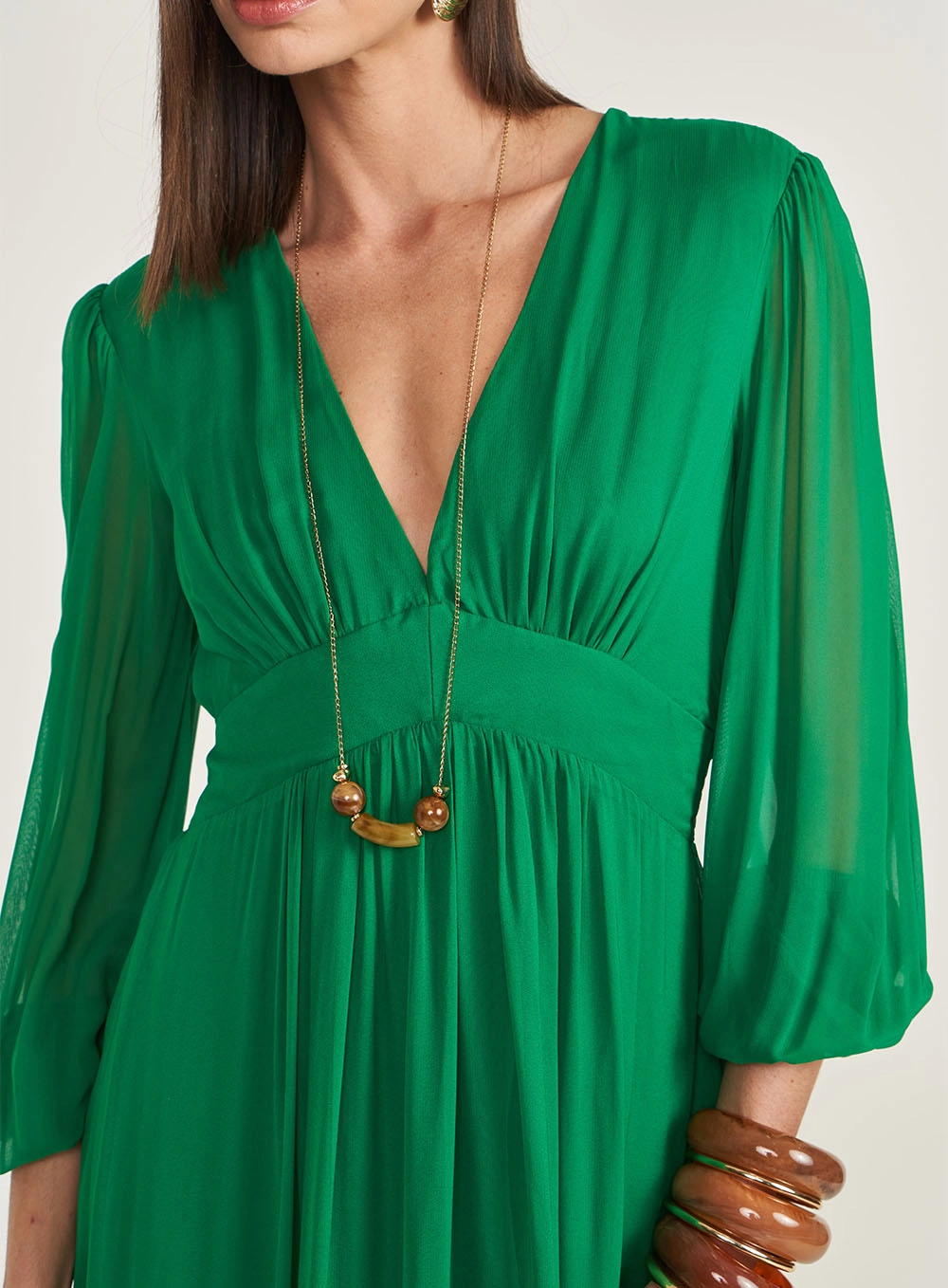 Vestido Longo Amplo Com Mangas Bufantes Verde Vanity