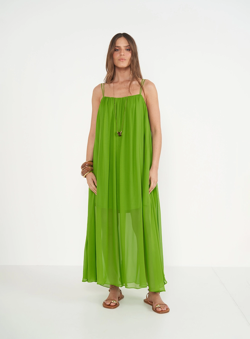 Vestido Longo Loose Com Franzido Verde