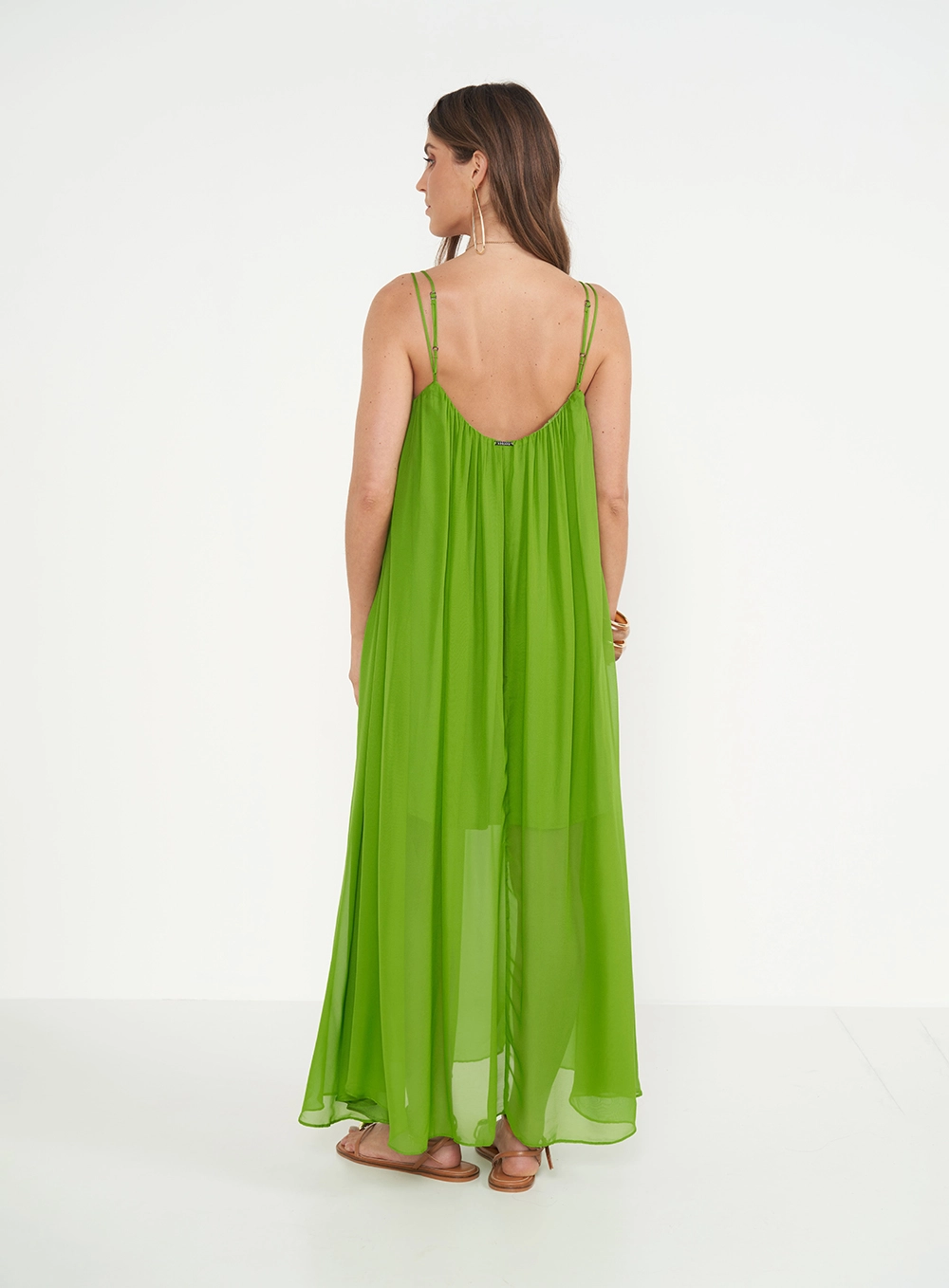 Vestido Longo Loose Com Franzido Verde