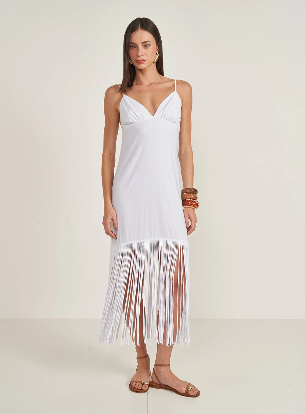 Vestido Midi Com Franjas Branco