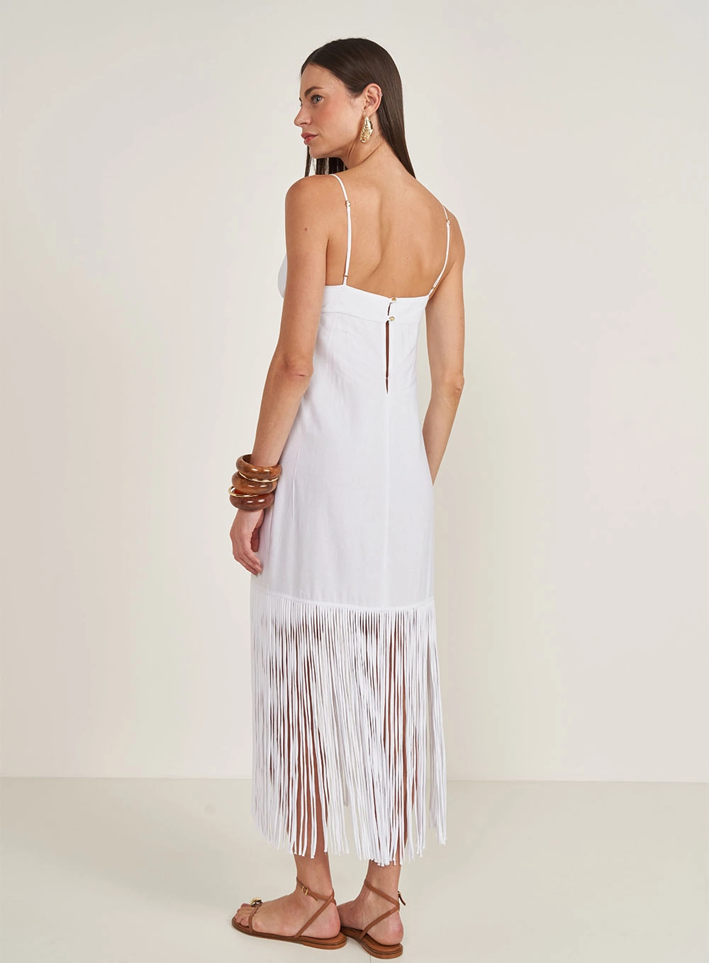 Vestido Midi Com Franjas Branco