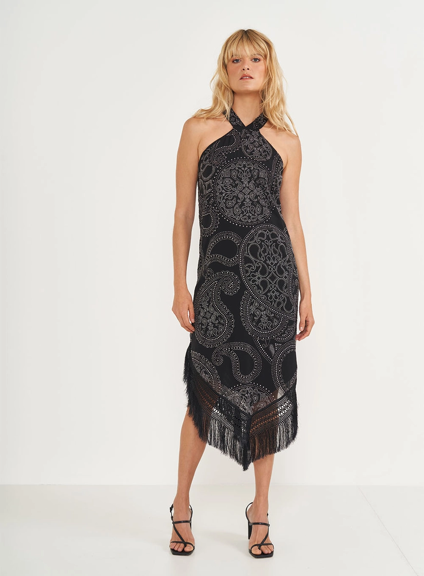 Vestido Midi Franjado Com Aplicação