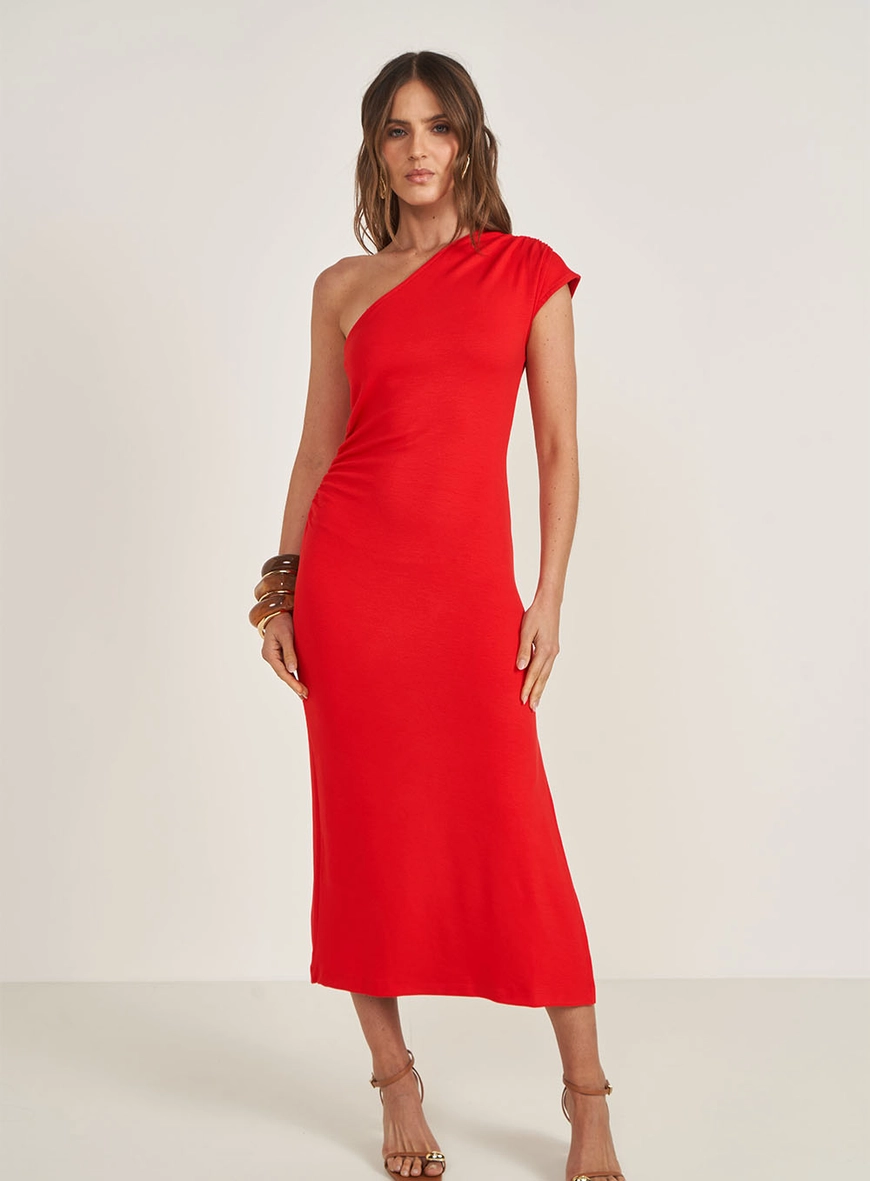 Vestido Midi Assimétrico Uma Manga Drapeado