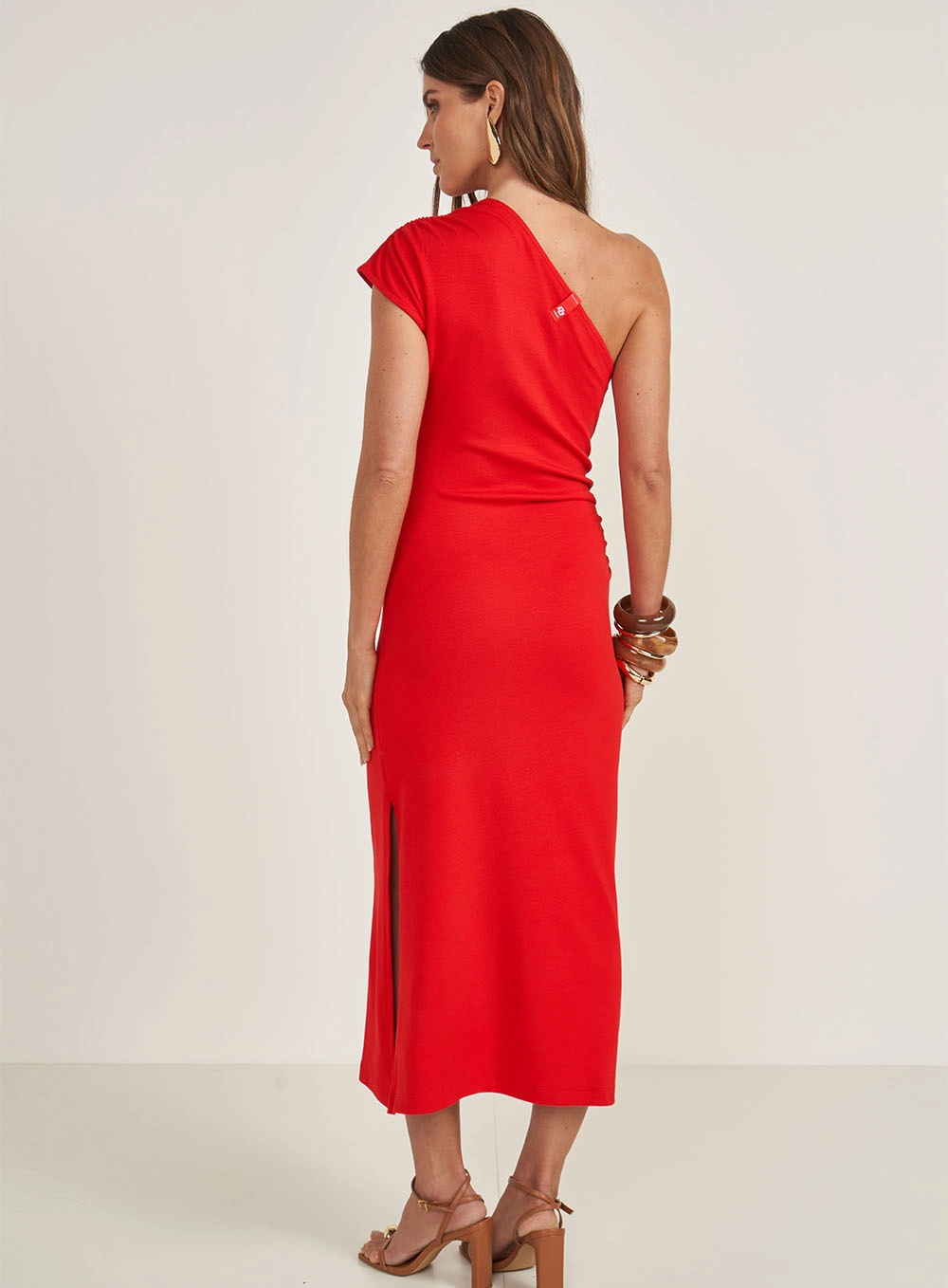 Vestido Midi Assimétrico Uma Manga Drapeado Vermelho