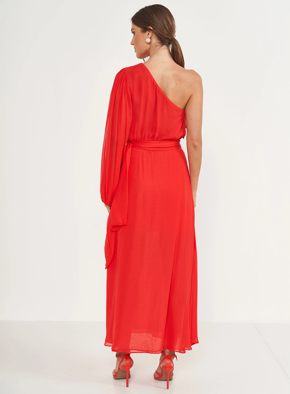 Vestido Midi Comfort Uma Manga Bufante Vermelho