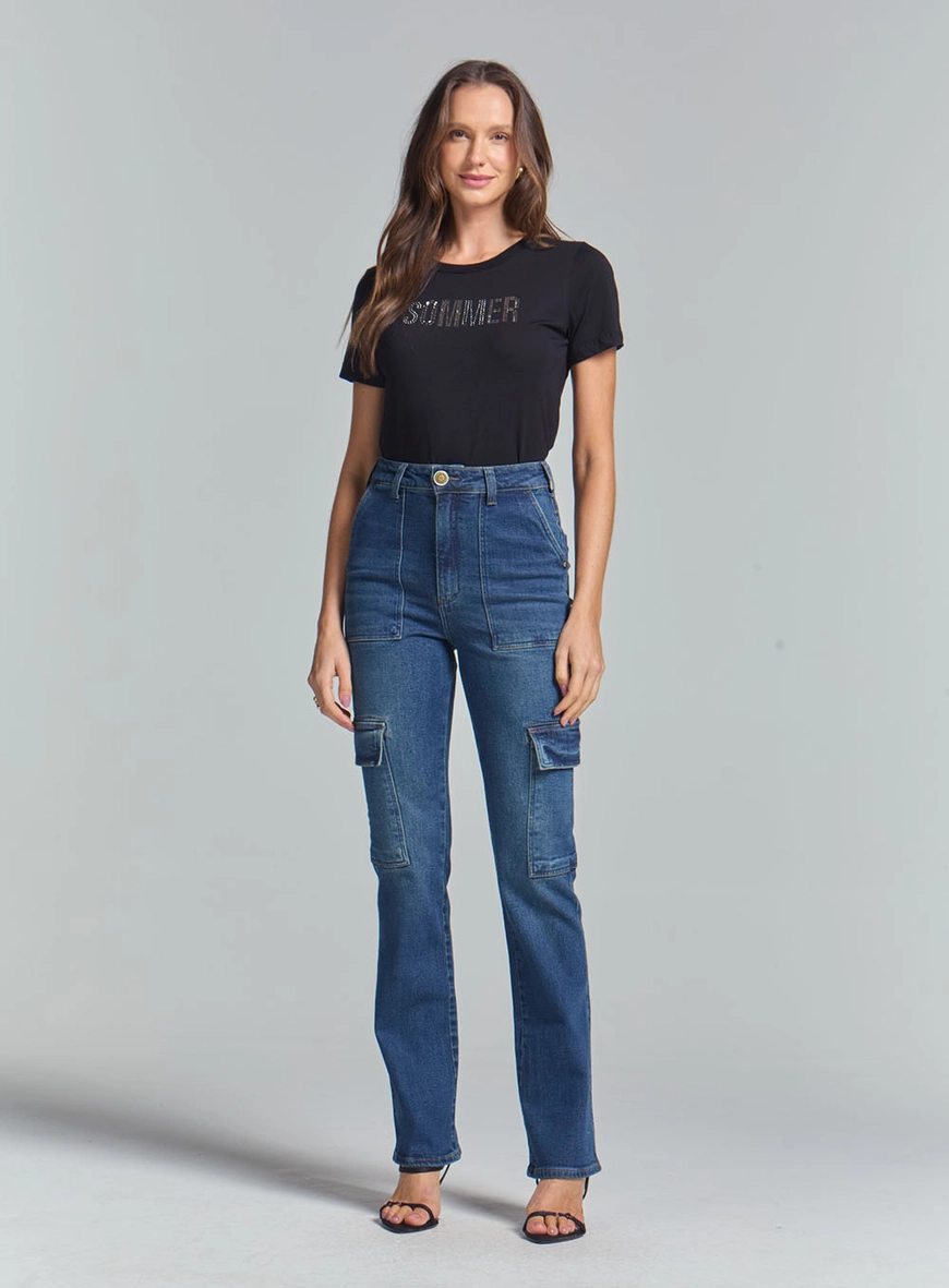 Calça Jeans Feminino Reta Slim Com Bolsos Laterais Índigo 1