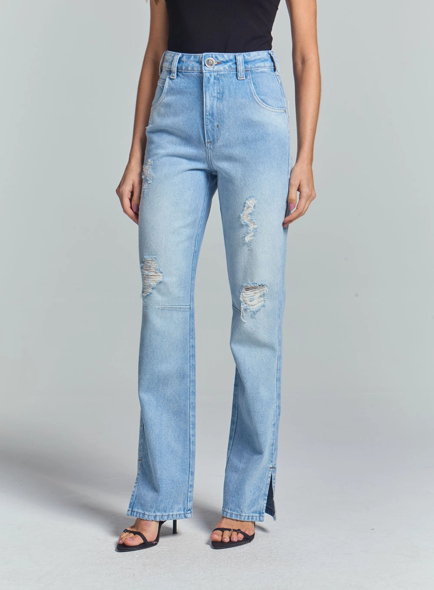 Calça Jeans Feminina Reta E Detalhe Na Barra Índigo 2
