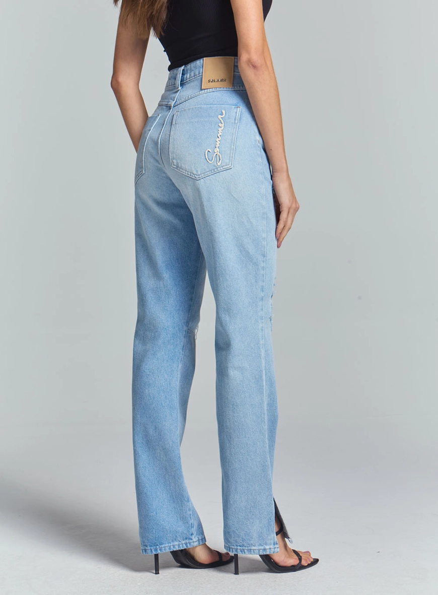 Calça Jeans Feminina Reta E Detalhe Na Barra Índigo 3