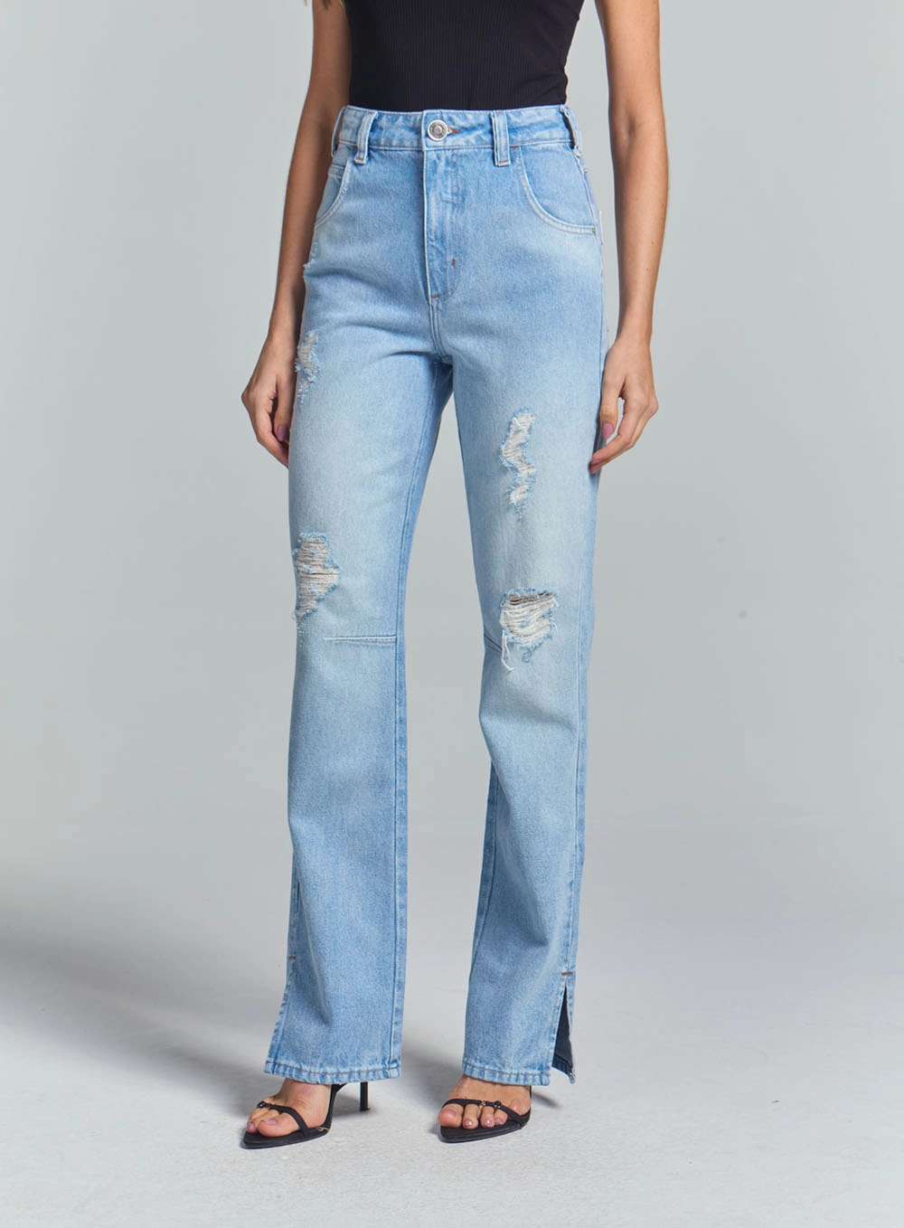 Calça Jeans Feminina Reta E Detalhe Na Barra Índigo 2