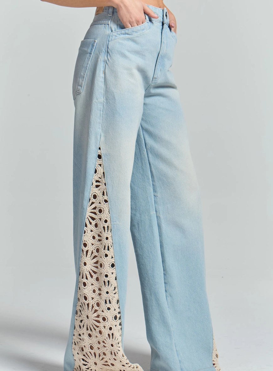 Calça Jeans Wide Leg Com Renda Índigo 3