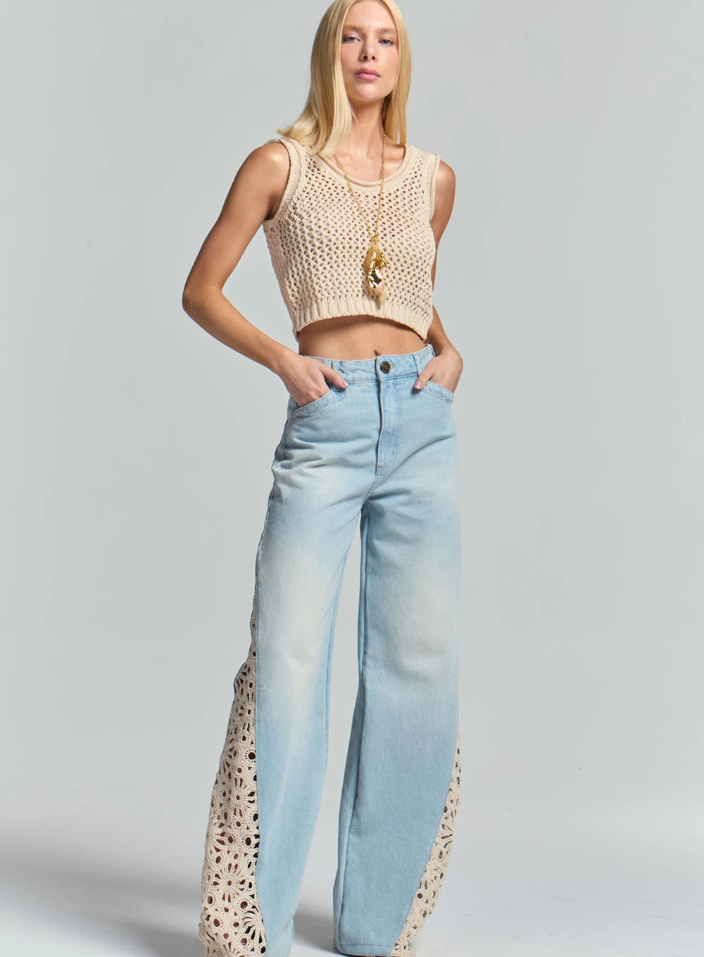 Calça Jeans Wide Leg Com Renda Índigo 2