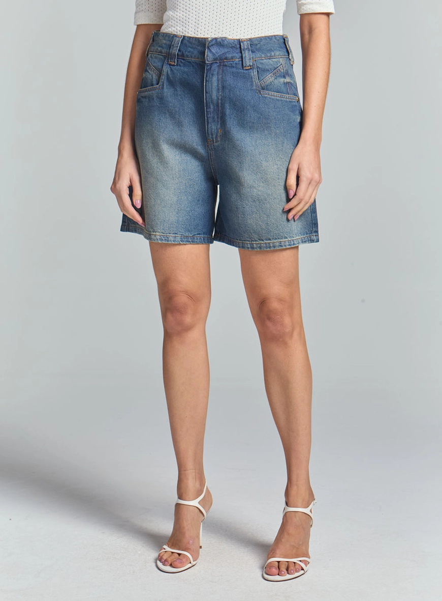 Bermuda Jeans Boyfriend Com Bolsos Frontais Índigo 3