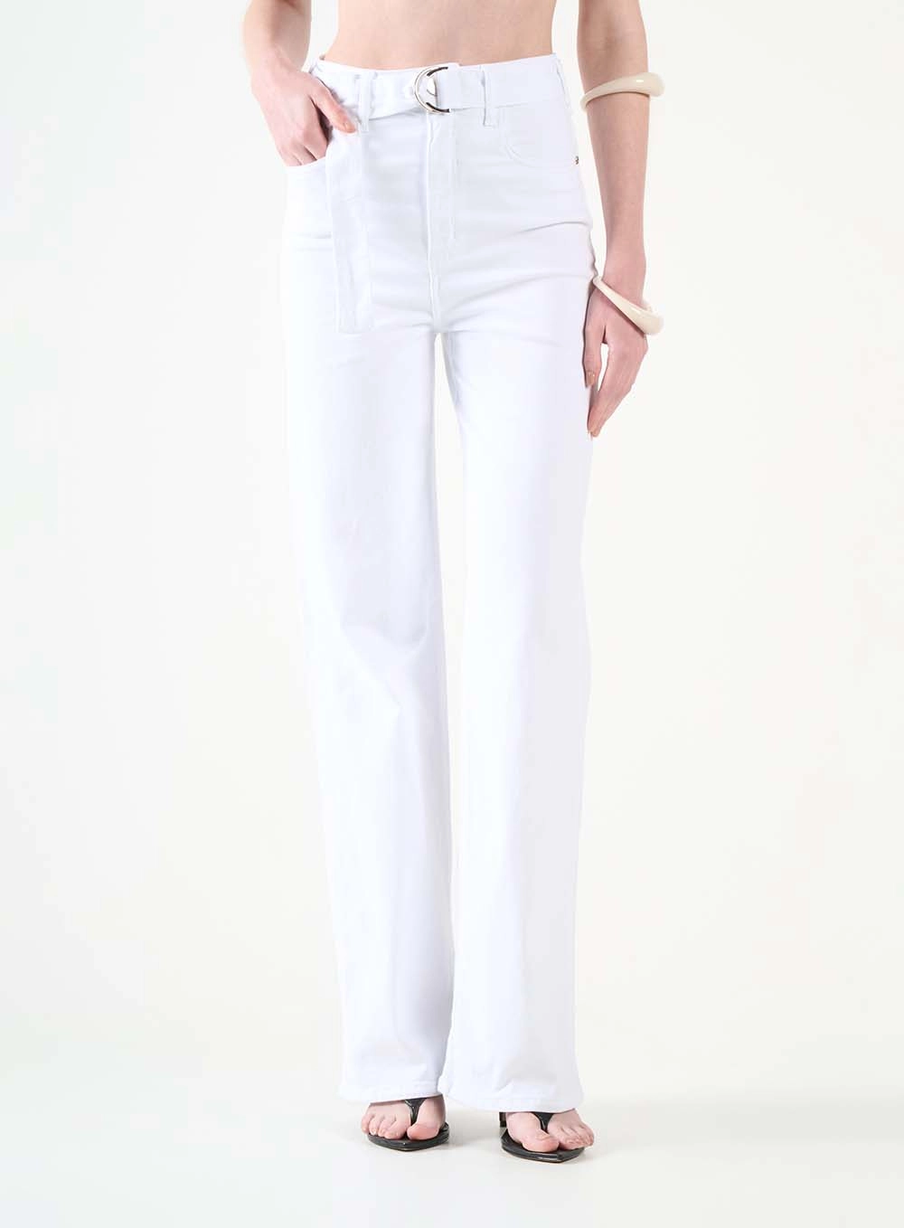 Calça Sarja Wide Leg Com Cinto Branco 2