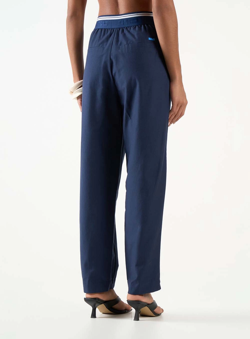Calça Alfaiataria Reta Alta Elástico Contrastante Azul 3