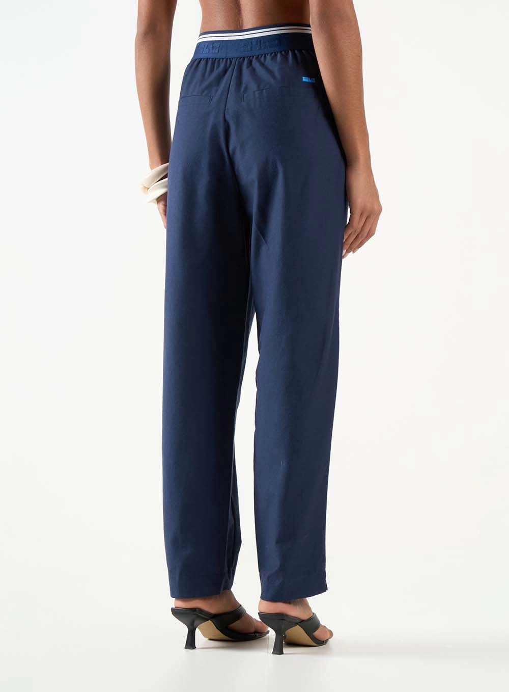 Calça Alfaiataria Reta Alta Elástico Contrastante Azul 3