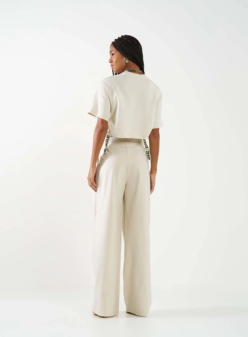 Calça Feminina Alfaiataria Wide Leg Cós Com Logo Bege Italian 4