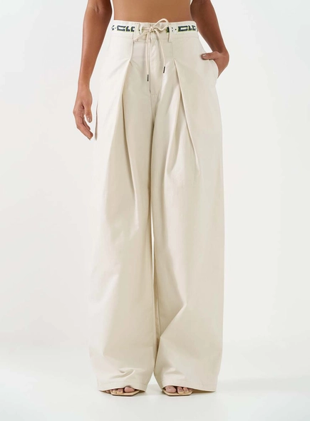 Calça Feminina Alfaiataria Wide Leg Cós Com Logo