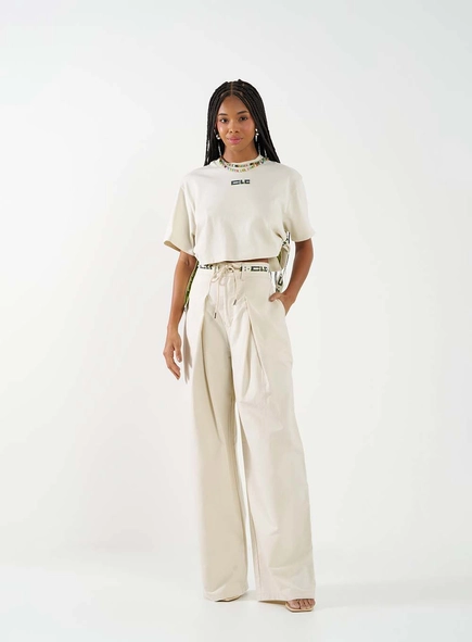 Calça Feminina Alfaiataria Wide Leg Cós Com Logo