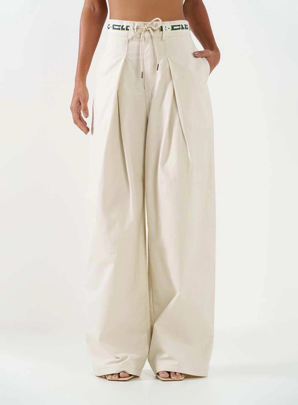 Calça Feminina Alfaiataria Wide Leg Cós Com Logo Bege Italian 2