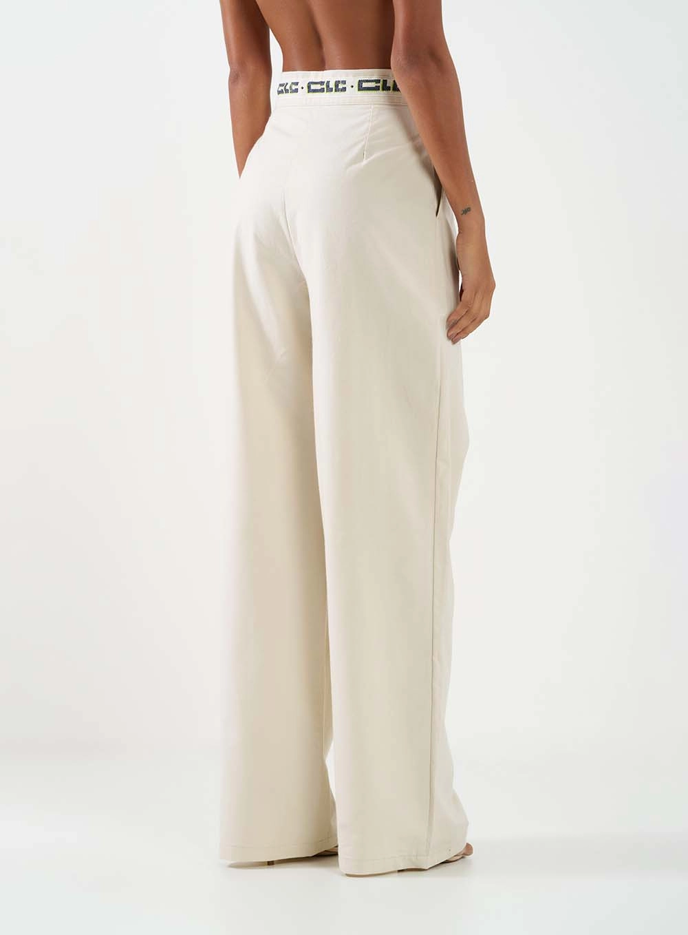 Calça Feminina Alfaiataria Wide Leg Cós Com Logo Bege Italian 3
