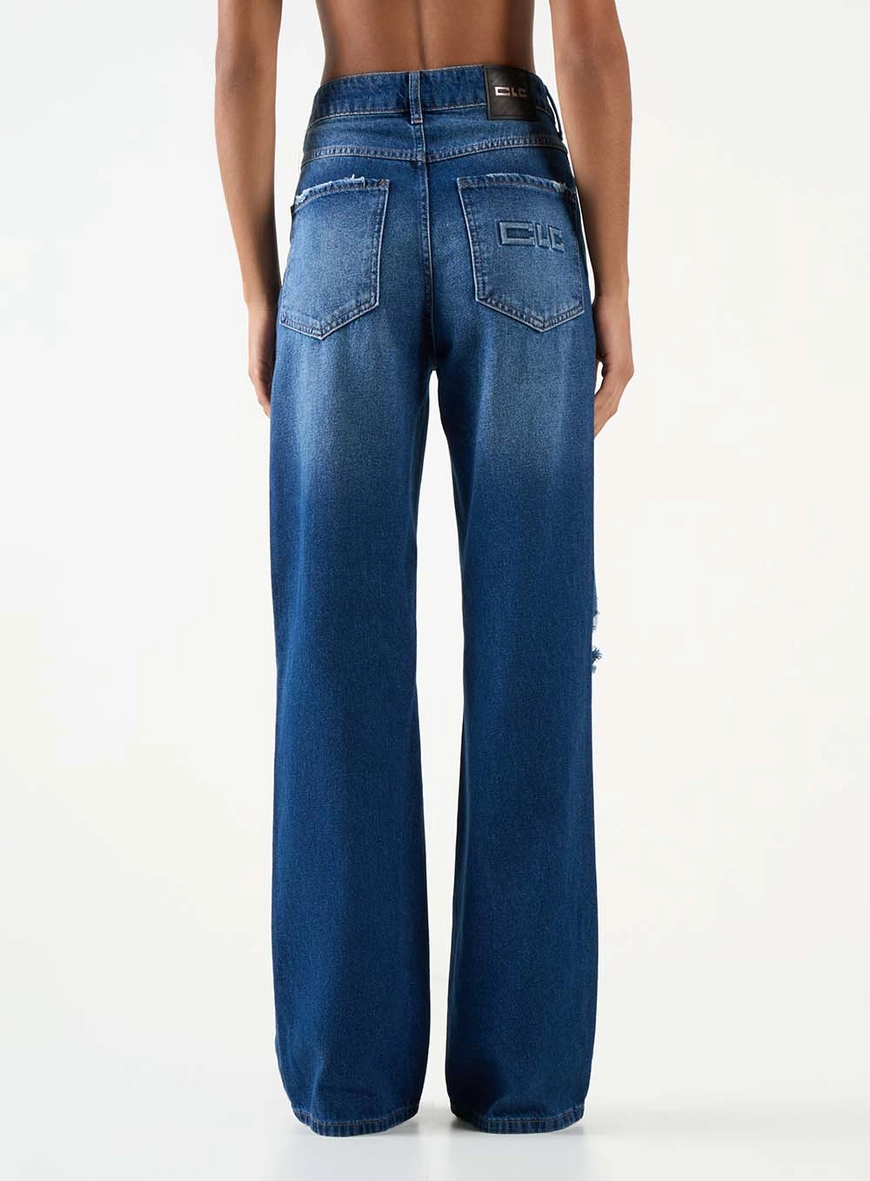 Calça Jeans Feminina Wide Leg Com Rasgos Índigo 3