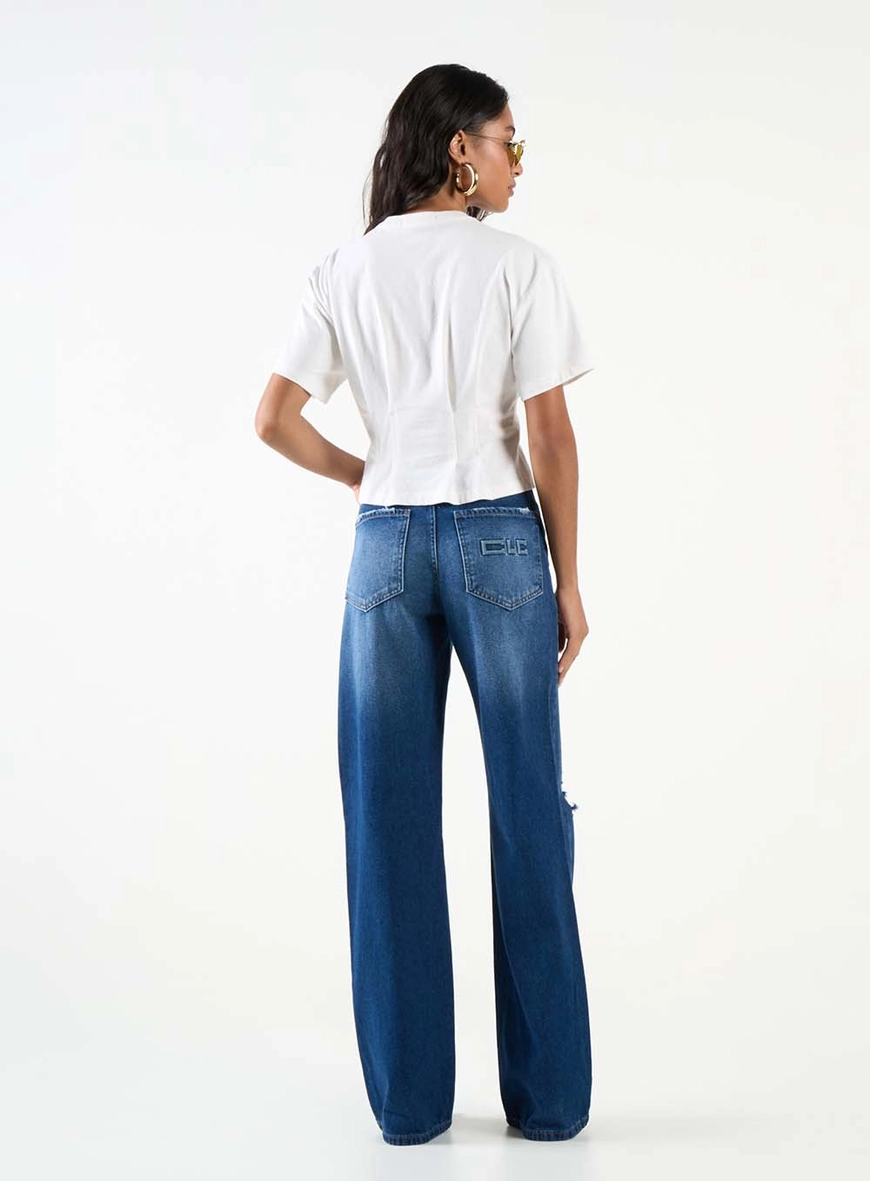 Calça Jeans Feminina Wide Leg Com Rasgos Índigo 4