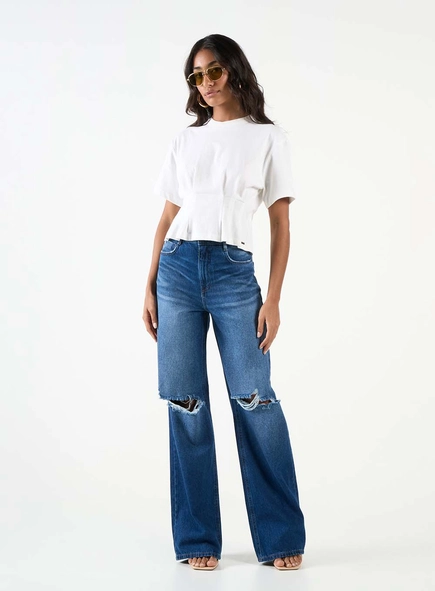Calça Jeans Feminina Wide Leg Com Rasgos
