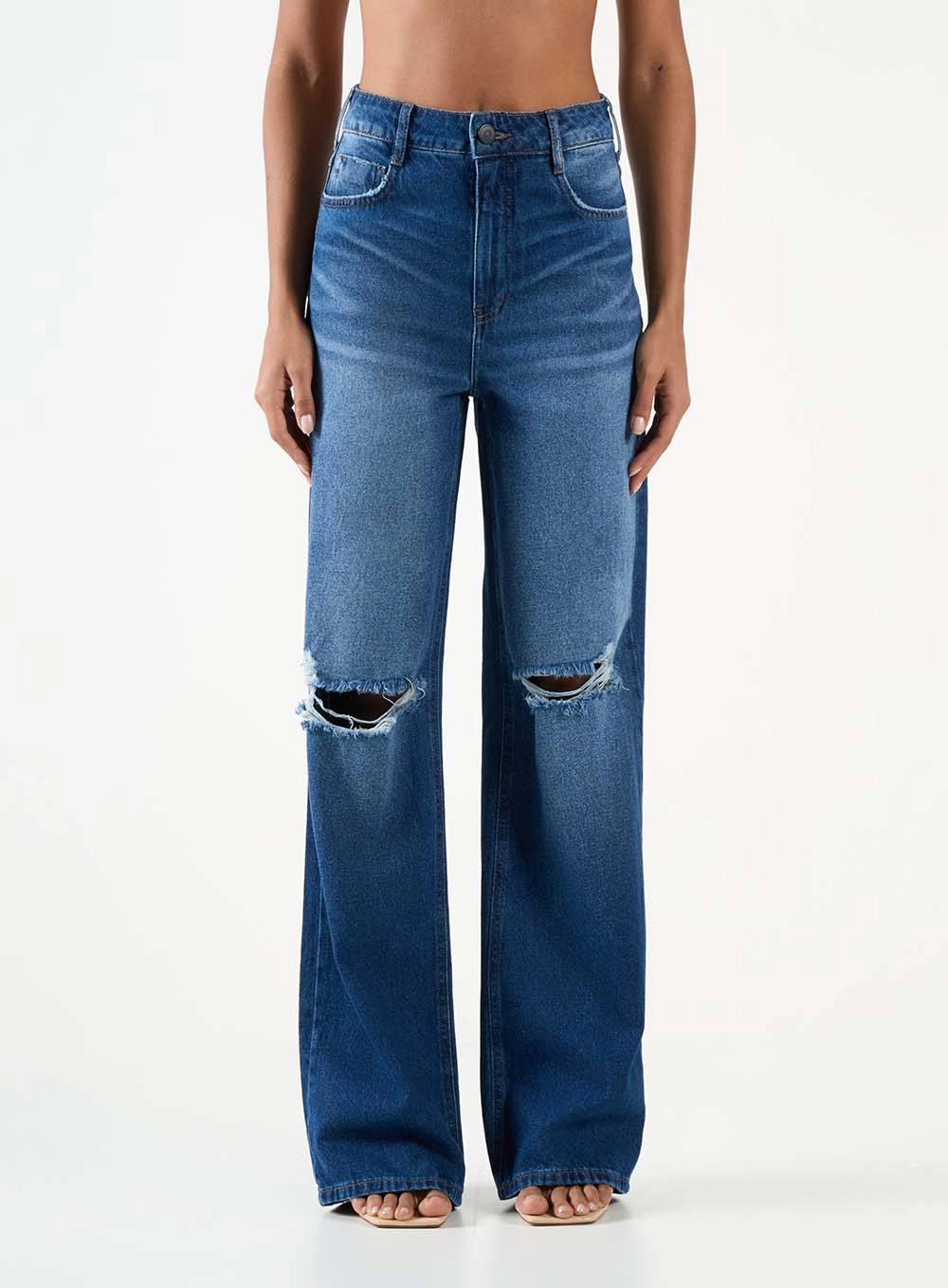 Calça Jeans Feminina Wide Leg Com Rasgos Índigo 2