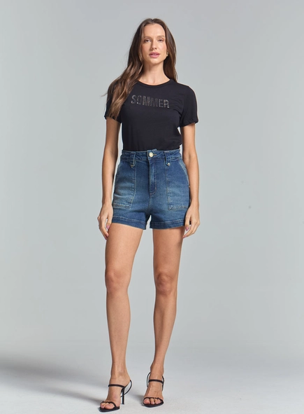 Short Jeans Vintage Com Bolsos Frontais