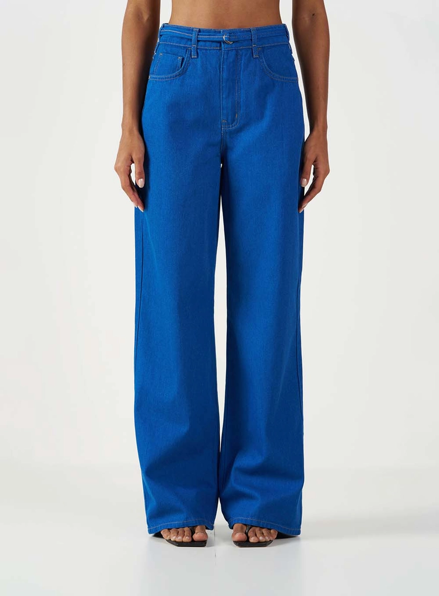 Calça Jeans Feminina Wide Leg Com Cinto Fino Índigo 2