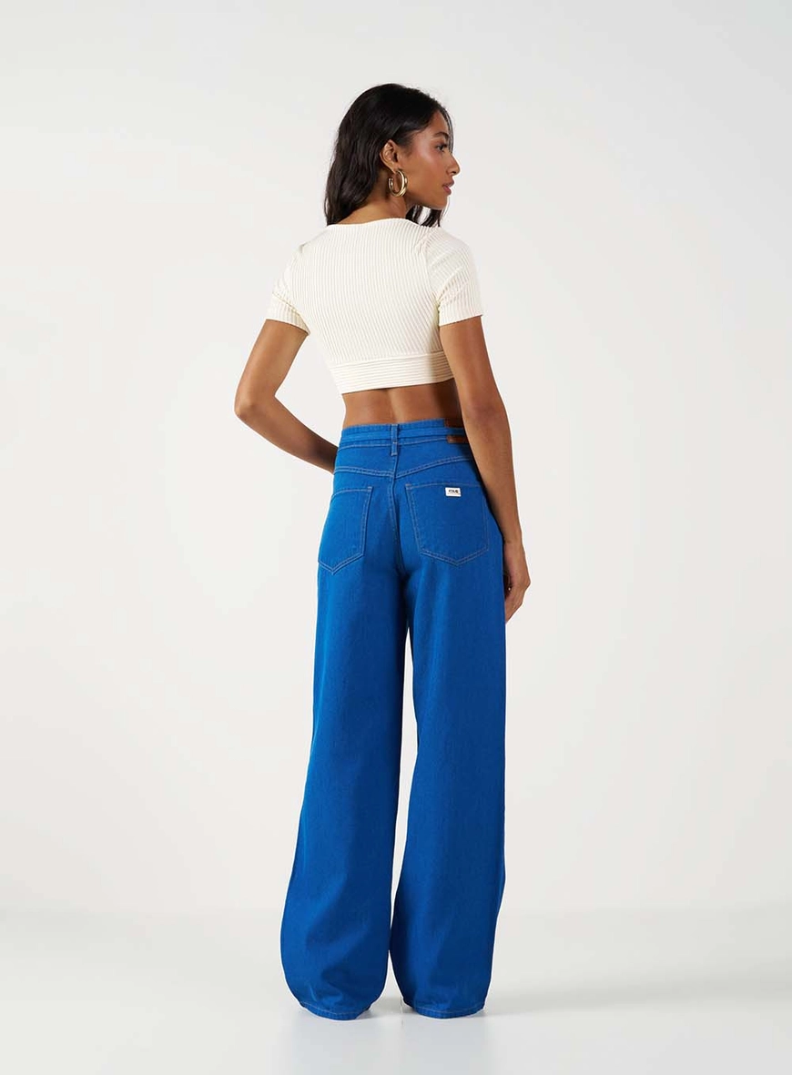 Calça Jeans Feminina Wide Leg Com Cinto Fino Índigo 4