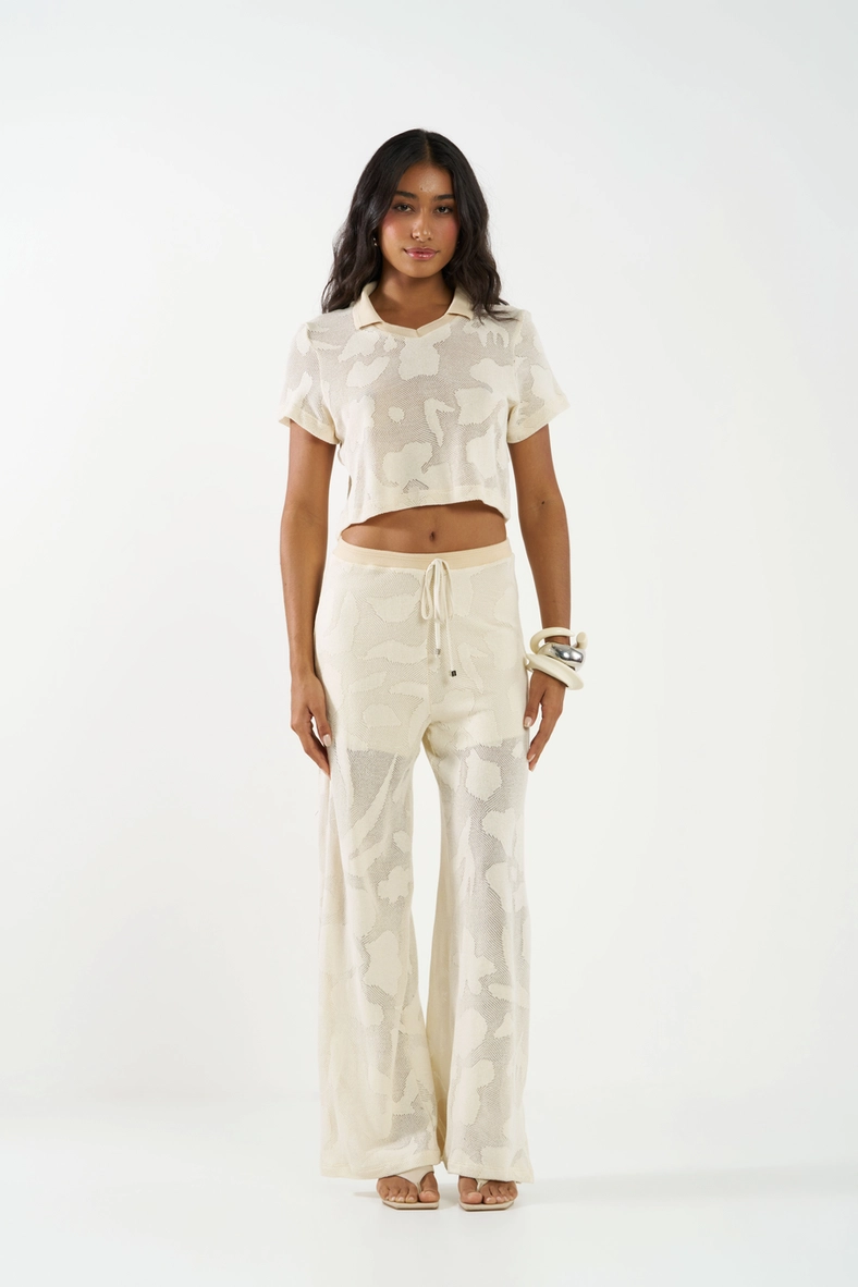 Calça Wide Leg Em Tricô Bege Italian 1