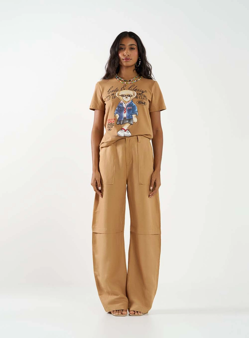 Calça Linho Barrel Bolso Faca Marrom Delle 1
